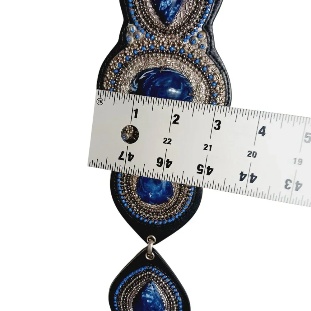 NWT Chico's Blue Faux Stone Silver Chain Link Statement Belt, M/L, Boho, Western